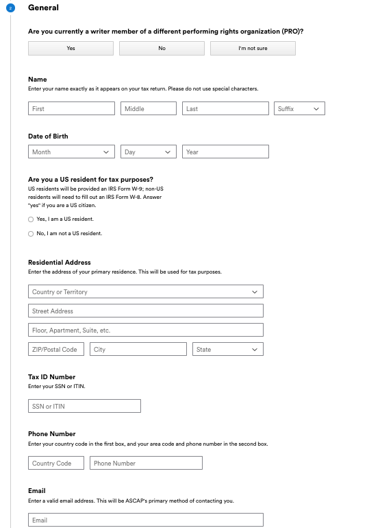 Ascap signup process - add your personal details